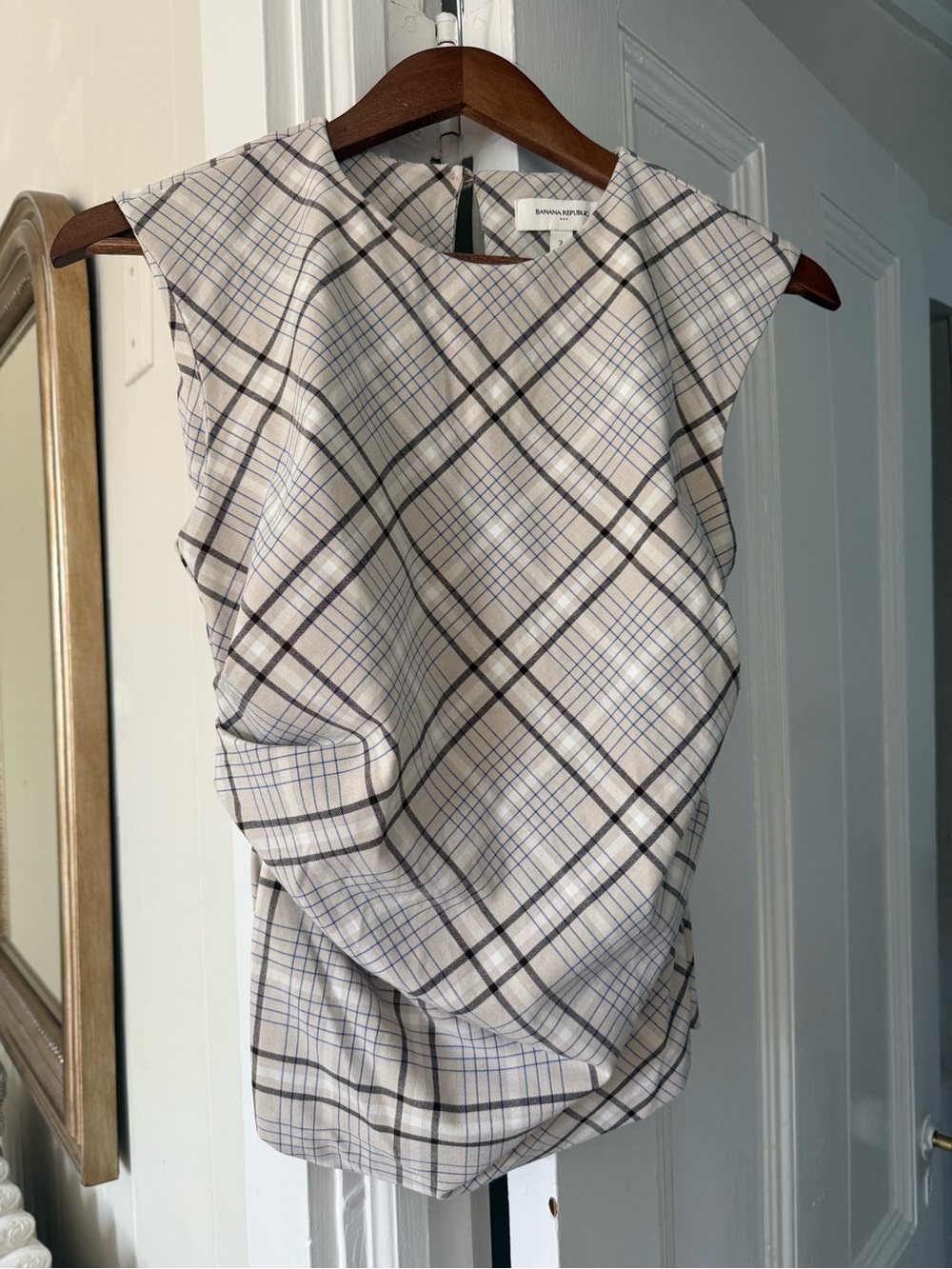 Banana Republic Plaid Draped Cap-Sleeve Top - Cream/Blue